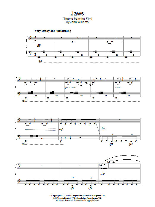 John Williams Theme from Jaws sheet music notes and chords. Download Printable PDF.
