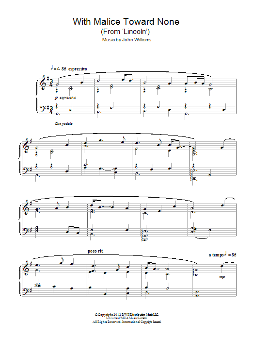 Learn to play John Williams With Malice Toward None (From 'Lincoln') sheet music for Piano Solo in minutes. John Williams With Malice Toward None (From 'Lincoln') sheet music notes and chords. Download Printable PDF.
