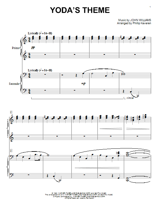 Learn to play John Williams Yoda's Theme (from Star Wars: The Empire Strikes Back) (arr. Phillip Keveren) sheet music for Piano Solo in minutes. John Williams Yoda's Theme (from Star Wars: The Empire Strikes Back) (arr. Phillip Keveren) sheet music notes and chords. Download Printable PDF.