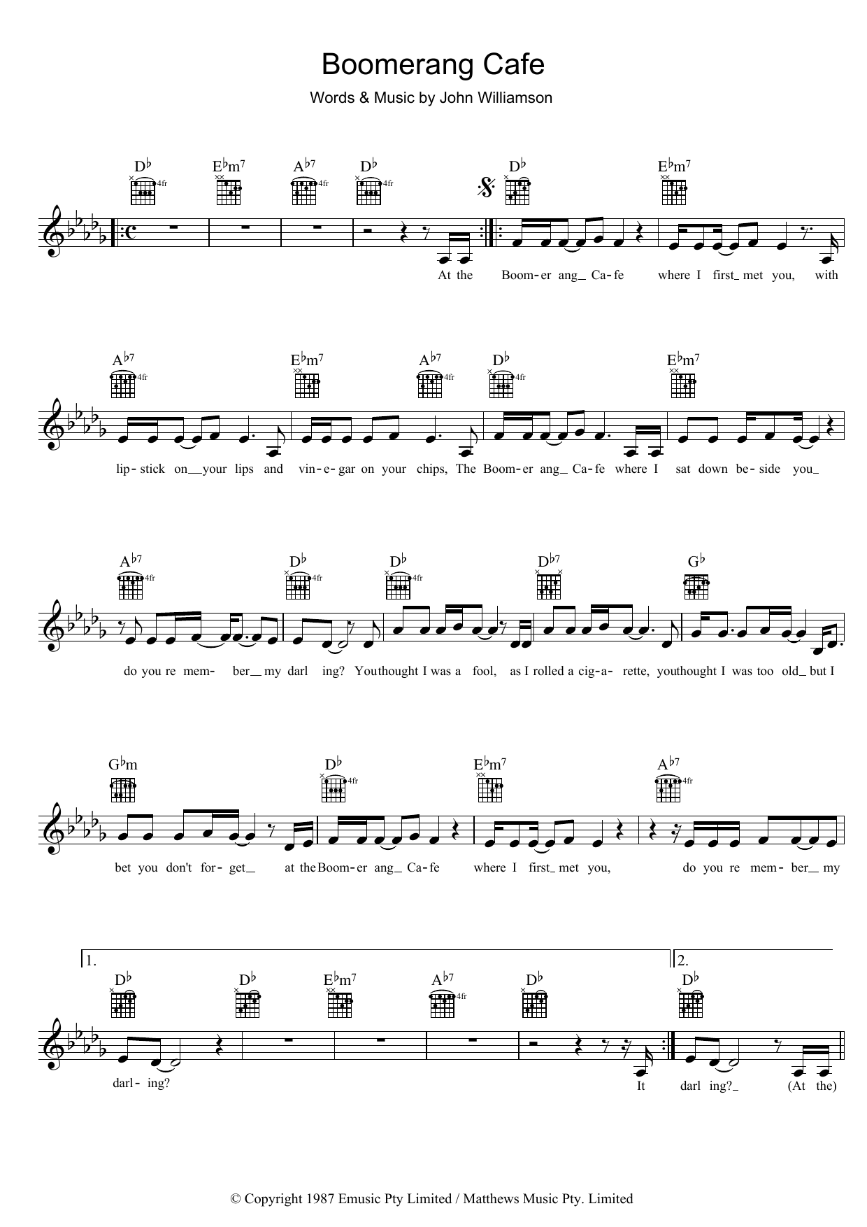 John Williamson Boomerang Cafe sheet music notes and chords. Download Printable PDF.