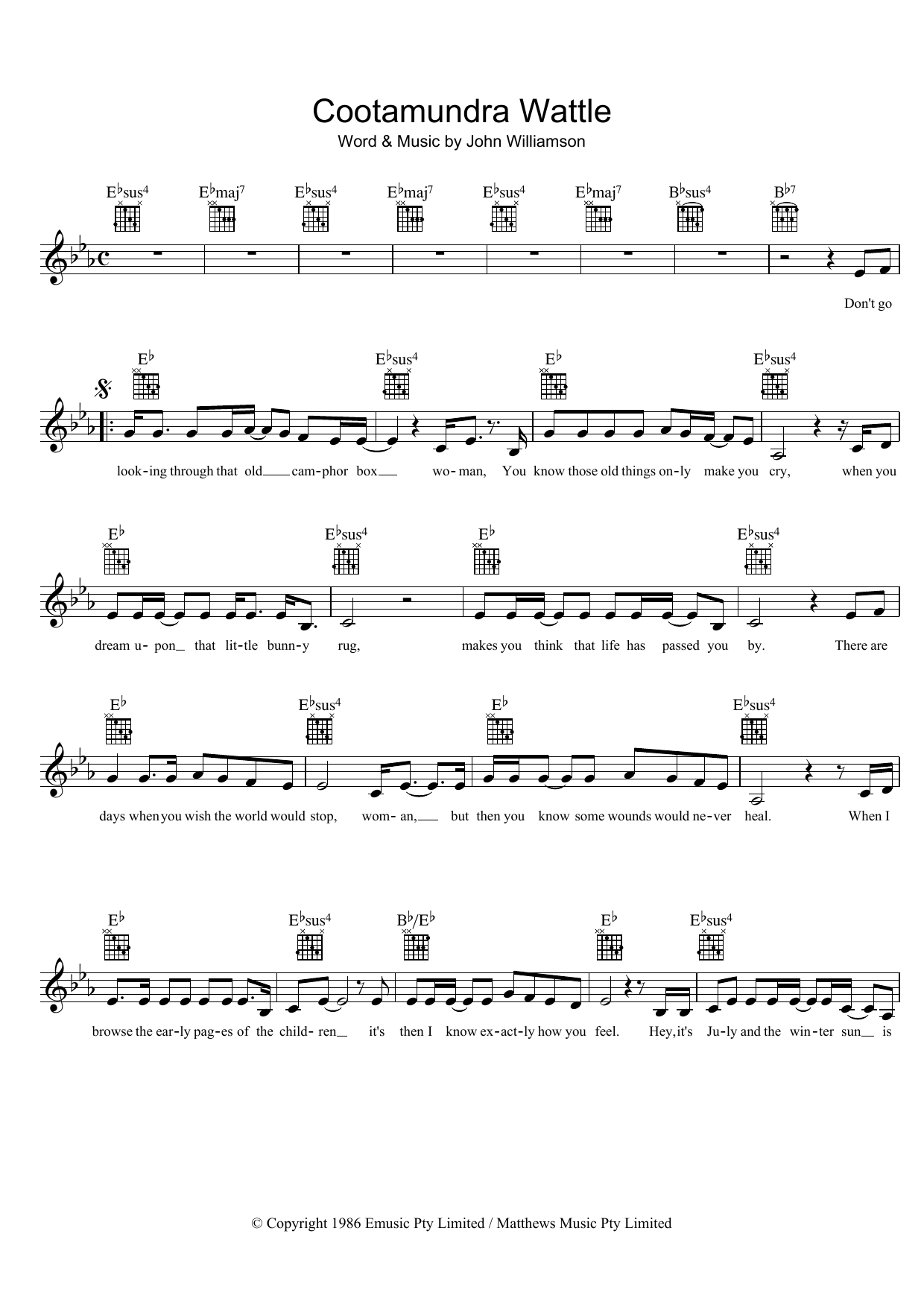 John Williamson Cootamundra Wattle sheet music notes and chords. Download Printable PDF.