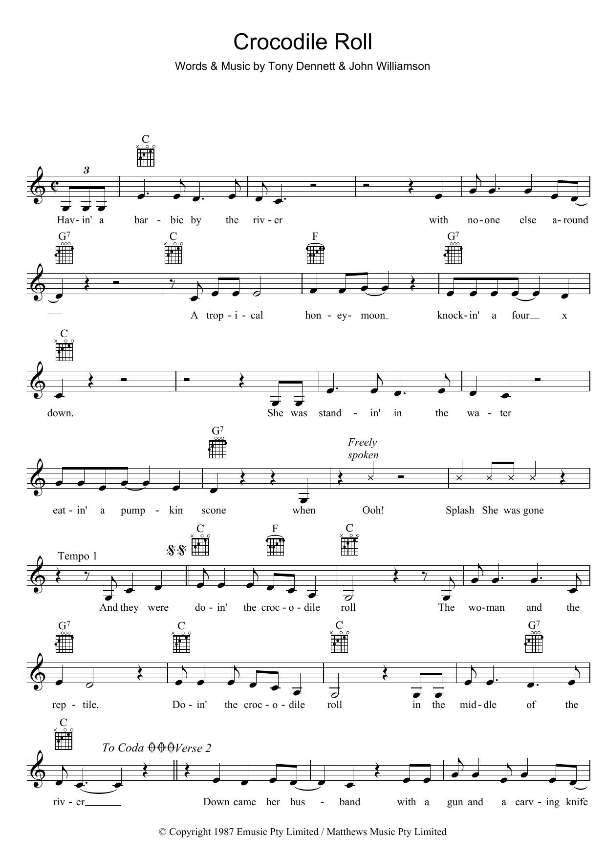 John Williamson Crocodile Roll sheet music notes and chords. Download Printable PDF.