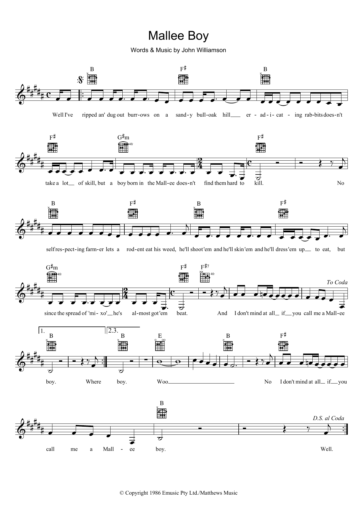 John Williamson Mallee Boy sheet music notes and chords. Download Printable PDF.