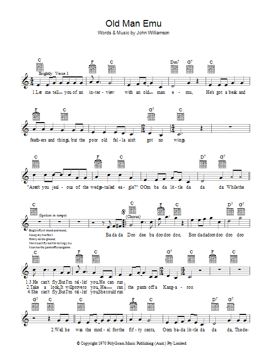 John Williamson Old Man Emu sheet music notes and chords. Download Printable PDF.