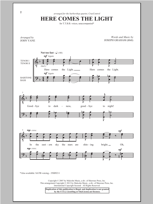 Learn to play John Yane Here Comes The Light sheet music for TTBB Choir in minutes. Price: 3.9900$ John Yane Here Comes The Light sheet music notes and chords arranged for TTBB Choir