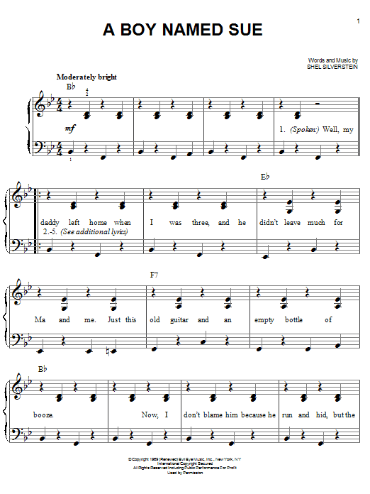 Learn to play Johnny Cash A Boy Named Sue sheet music for Easy Piano in minutes. Price: 6.9900$ Johnny Cash A Boy Named Sue sheet music notes and chords arranged for Easy Piano