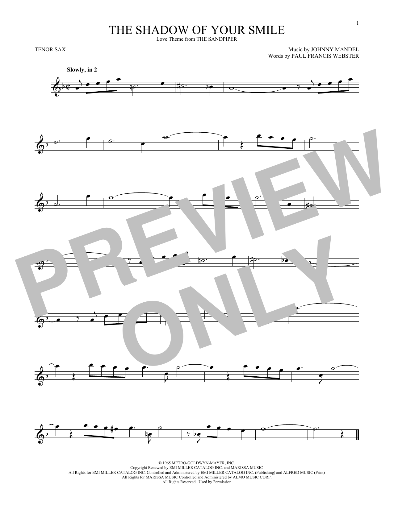 Johnny Mandel The Shadow Of Your Smile sheet music notes and chords. Download Printable PDF.