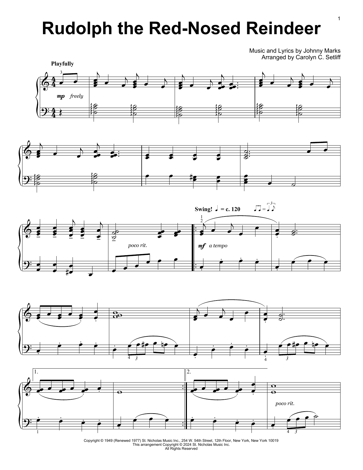 Johnny Marks Rudolph The Red-Nosed Reindeer (arr. Carolyn C. Setliff) sheet music notes and chords. Download Printable PDF.