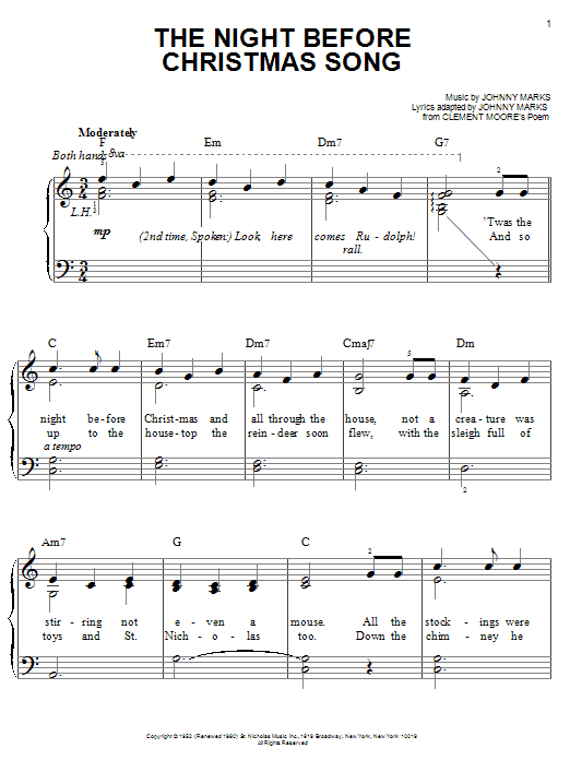 Johnny Marks The Night Before Christmas Song sheet music notes and chords. Download Printable PDF.