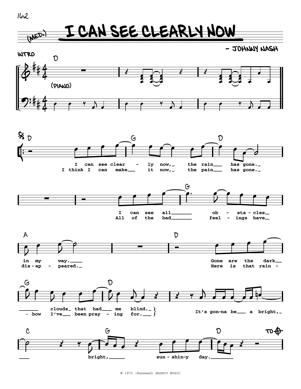 Johnny Nash I Can See Clearly Now sheet music notes and chords. Download Printable PDF.