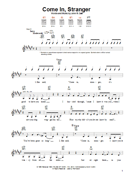 Johnny Cash Come In, Stranger sheet music notes and chords. Download Printable PDF.