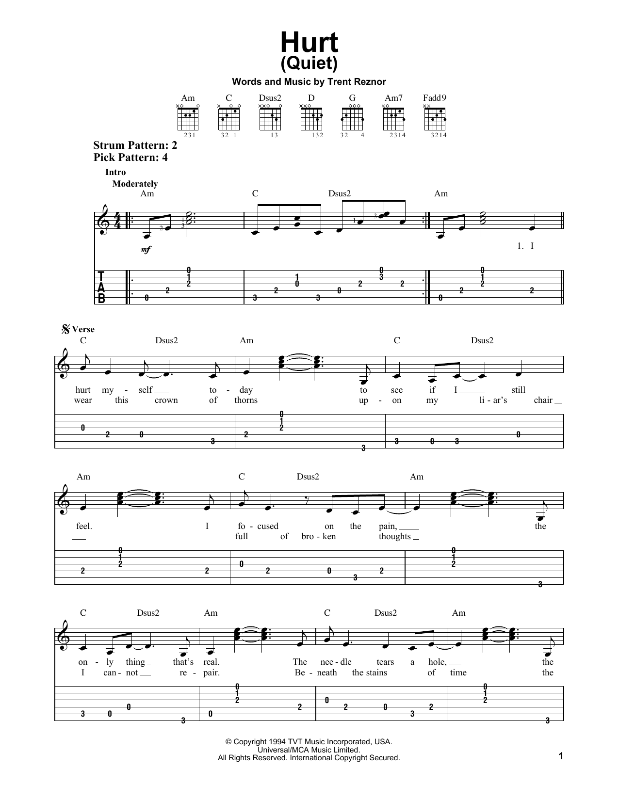 Johnny Cash Hurt Quiet Sheet Music PDF Notes Chords Pop Score 