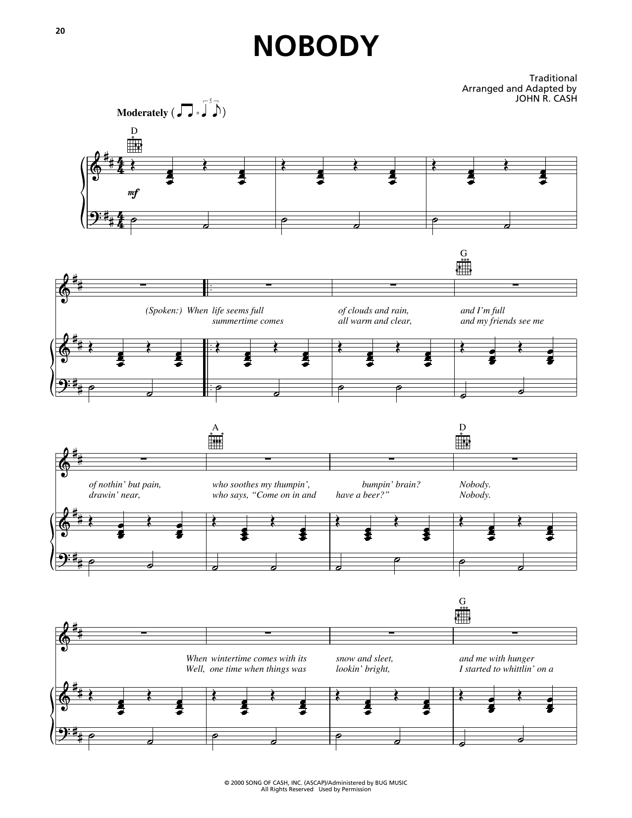 Johnny Cash Nobody sheet music notes and chords. Download Printable PDF.