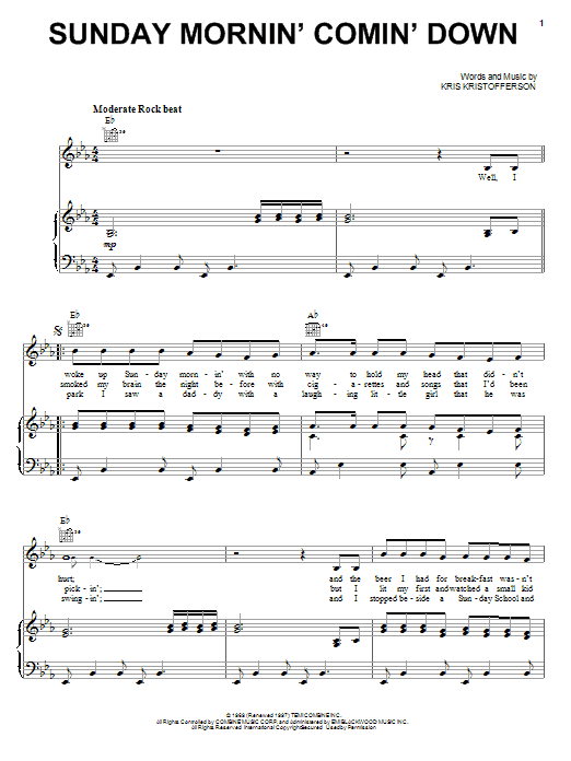 Johnny Cash Sunday Mornin' Comin' Down sheet music notes and chords arranged for Pro Vocal