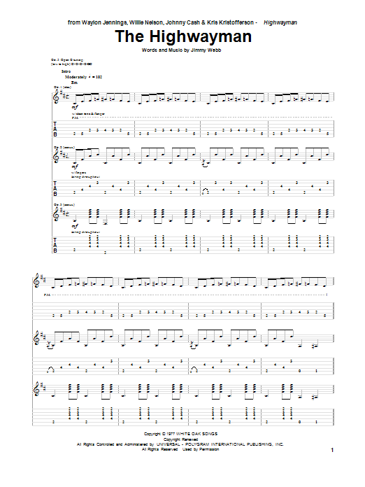 Johnny Cash The Highwayman sheet music notes and chords. Download Printable PDF.