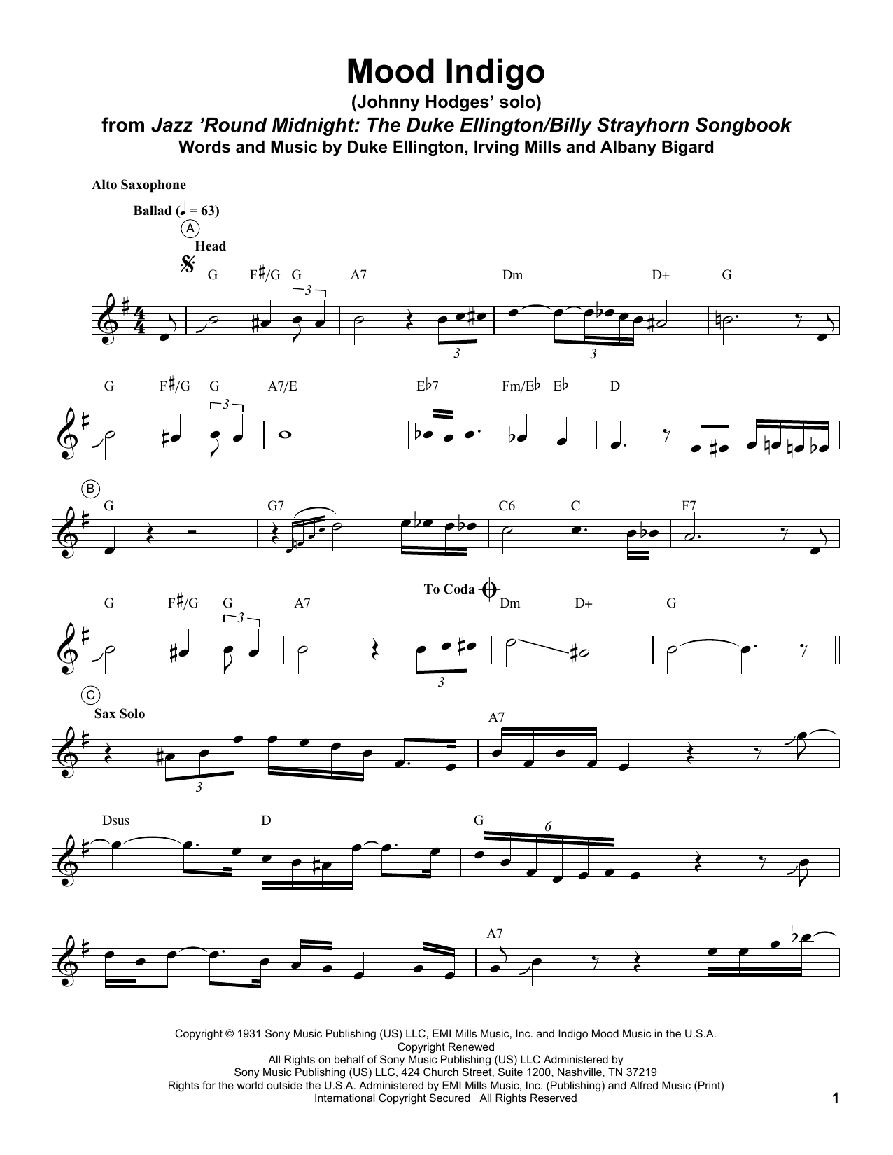 Johnny Hodges Mood Indigo sheet music notes and chords. Download Printable PDF.