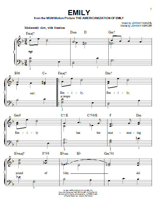 Johnny Mandel Emily sheet music notes and chords. Download Printable PDF.