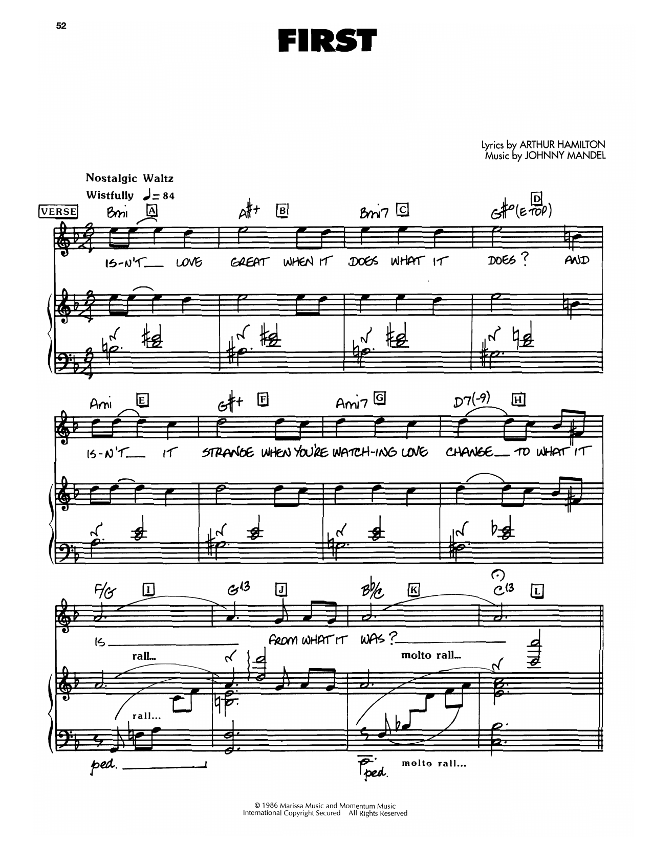 Johnny Mandel First sheet music notes and chords. Download Printable PDF.