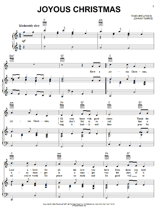 Learn to play Johnny Marks Joyous Christmas sheet music for Piano, Vocal & Guitar (Right-Hand Melody) in minutes. Johnny Marks Joyous Christmas sheet music notes and chords. Download Printable PDF.