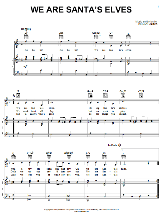 Learn to play Johnny Marks We Are Santa's Elves sheet music for Piano, Vocal & Guitar (Right-Hand Melody) in minutes. Price: 7.8900$ Johnny Marks We Are Santa's Elves sheet music notes and chords. Download Printable PDF.