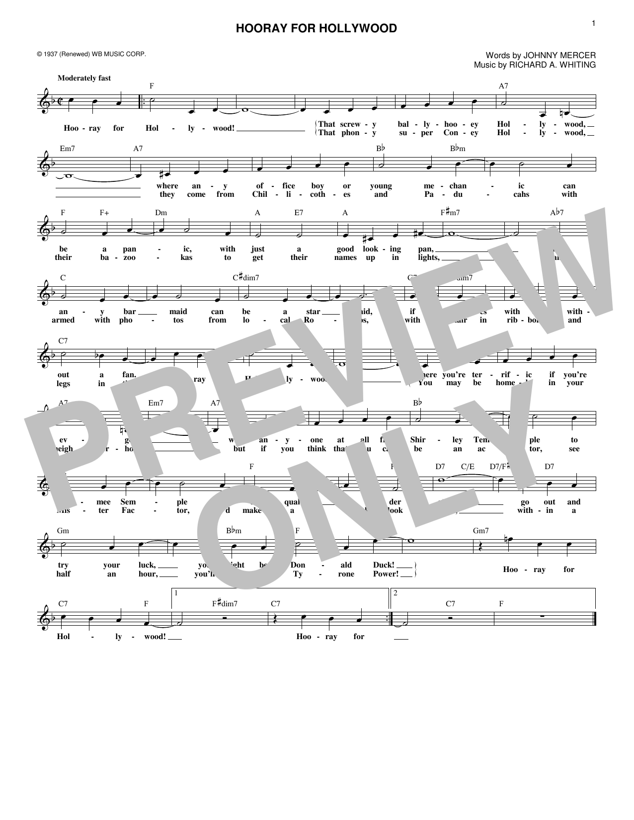Johnny Mercer Hooray For Hollywood Sheet Music Pdf Notes Chords Pop Score Lead Sheet Fake Book Download Printable Sku 185204