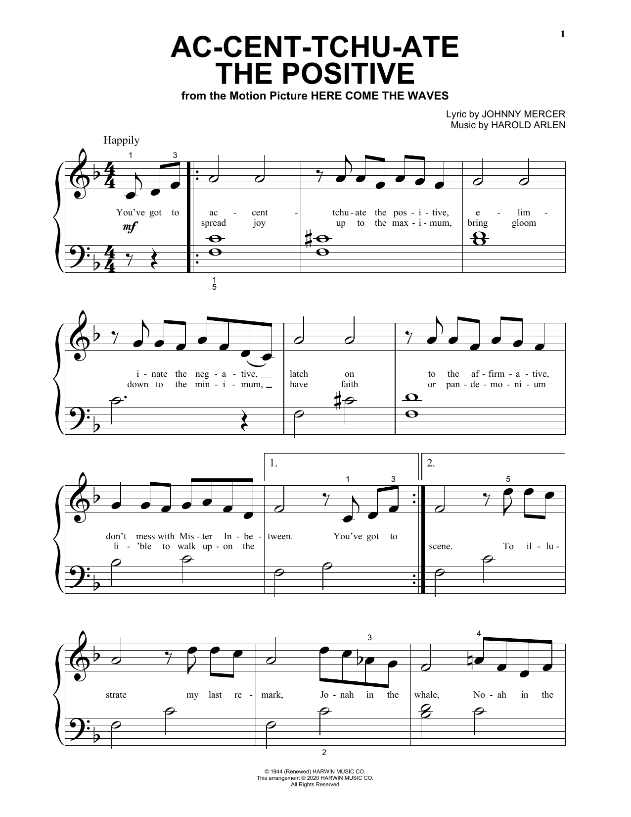 Learn to play Johnny Mercer & Harold Arlen Ac-cent-tchu-ate The Positive (from Here Come the Waves) sheet music for Beginning Piano Solo in minutes. Price: 6.9900$ Johnny Mercer & Harold Arlen Ac-cent-tchu-ate The Positive (from Here Come the Waves) sheet music notes and chords arranged for Beginning Piano Solo
