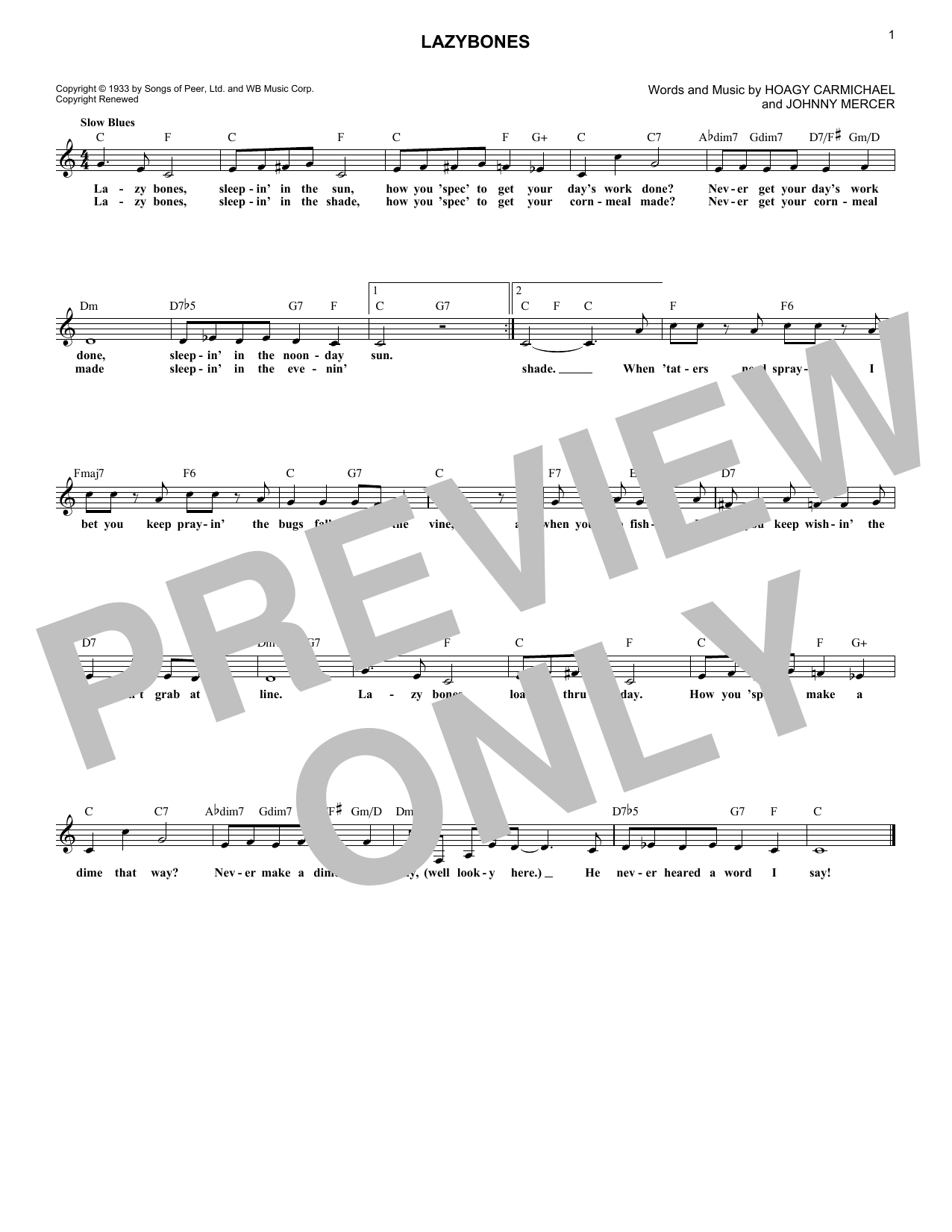 Johnny Mercer & Hoagy Carmichael Lazybones sheet music notes and chords. Download Printable PDF.