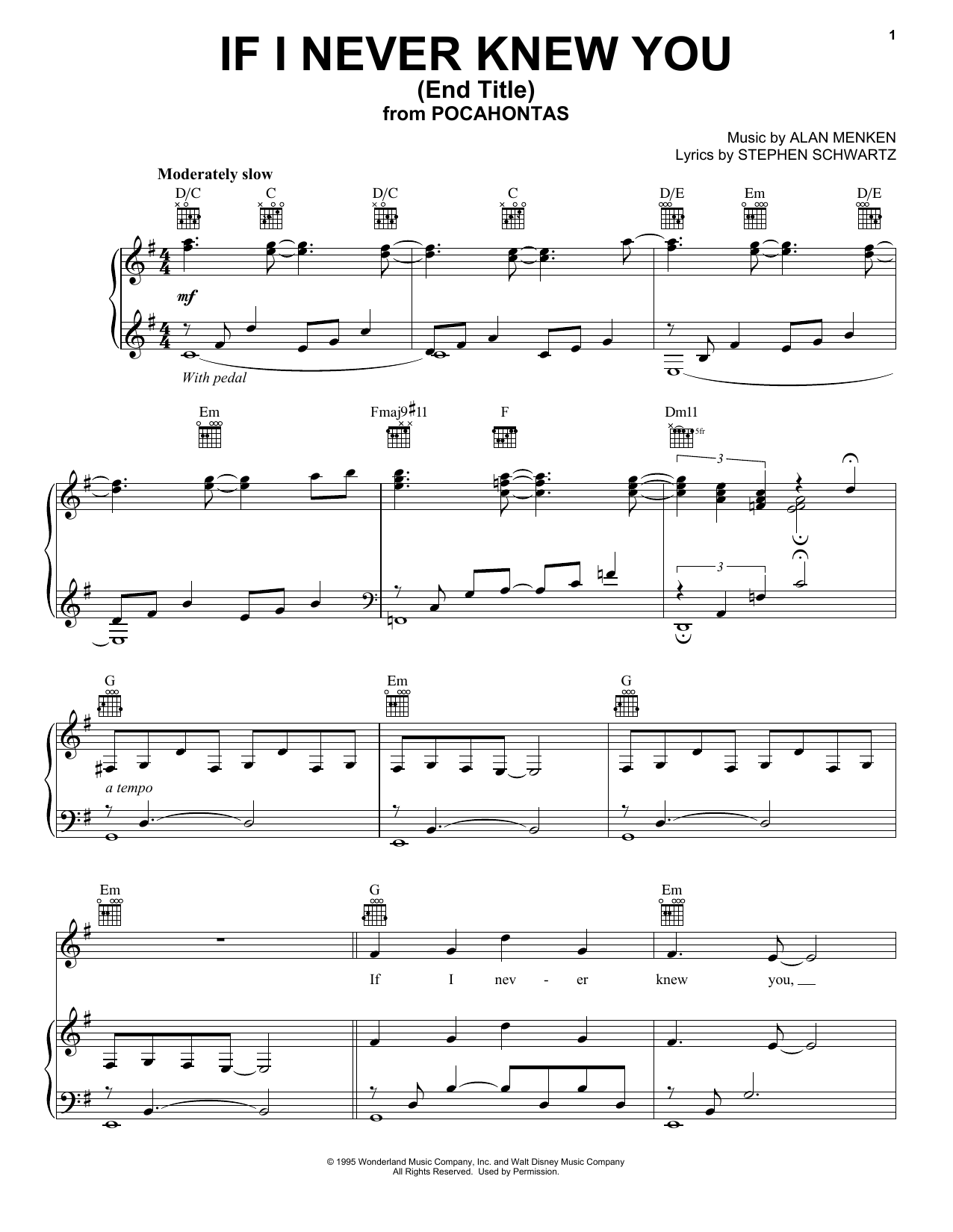 Jon Secada And Shanice If I Never Knew You End Title From Pocahontas Sheet Music And Chords