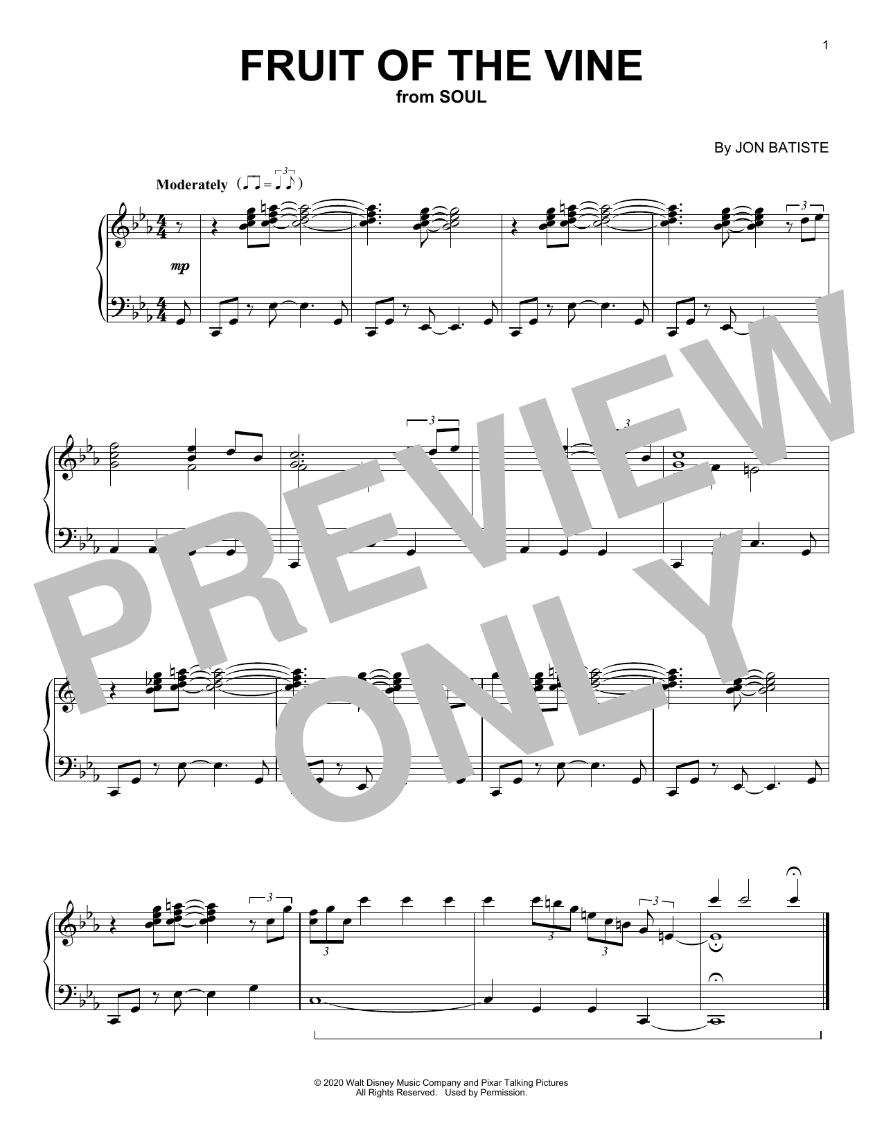 Learn to play Jon Batiste Fruit Of The Vine (from Soul) sheet music for Piano Solo in minutes. Price: 7.8900$ Jon Batiste Fruit Of The Vine (from Soul) sheet music notes and chords arranged for Piano Solo