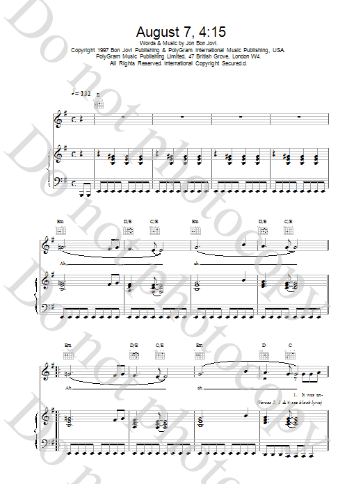 Learn to play Jon Bon Jovi August 7, 4:15 sheet music for Piano, Vocal & Guitar (Right-Hand Melody) in minutes. Jon Bon Jovi August 7, 4:15 sheet music notes and chords