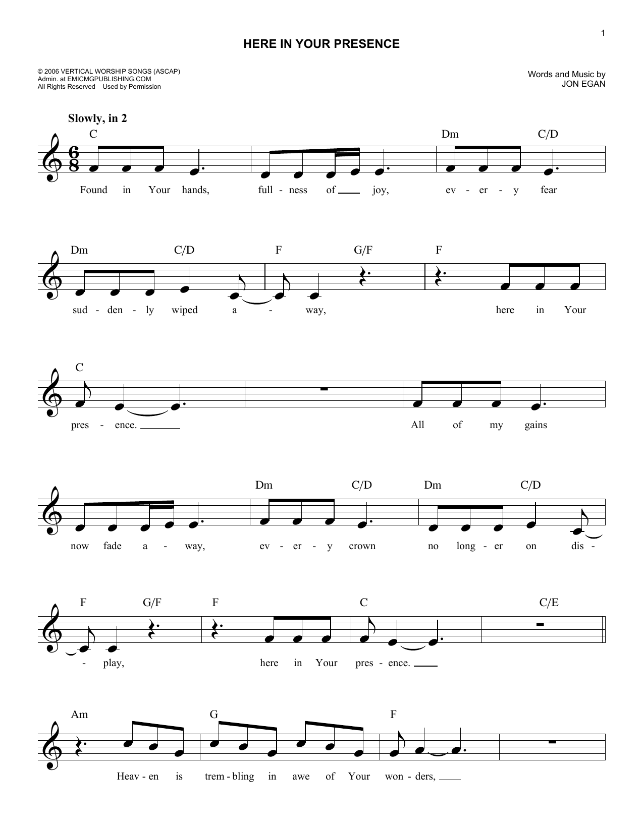 Jon Egan Here In Your Presence sheet music notes and chords arranged for Easy Lead Sheet / Fake Book