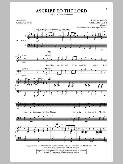 Learn to play Jon Paige Ascribe To The Lord sheet music for SATB Choir in minutes. Price: 3.9900$ Jon Paige Ascribe To The Lord sheet music notes and chords arranged for SATB Choir