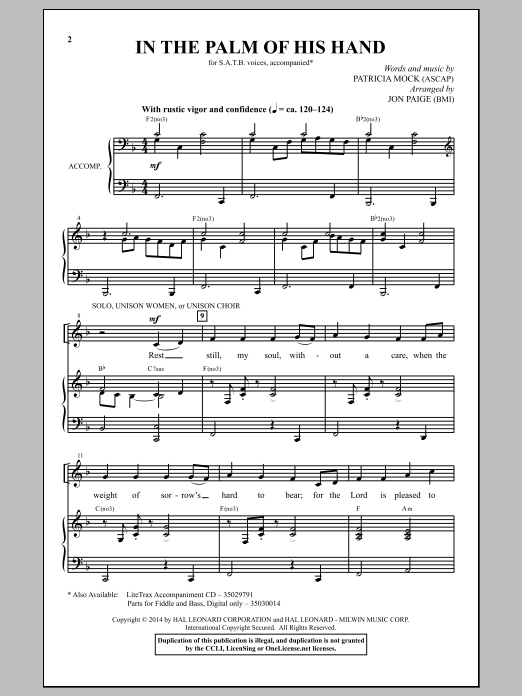 Jon Paige In The Palm Of His Hand sheet music notes and chords arranged for SATB Choir