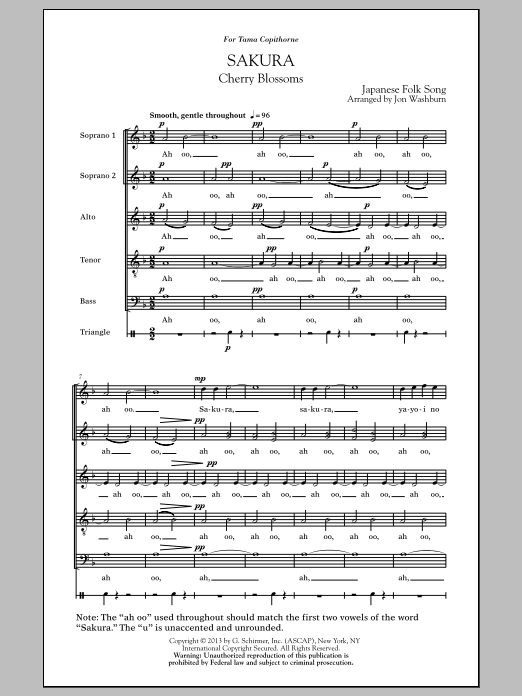 Learn to play Japanese Folksong Sakura (Cherry Blossoms) (arr. Jon Washburn) sheet music for SATB Choir in minutes. Price: 3.9900$ Japanese Folksong Sakura (Cherry Blossoms) (arr. Jon Washburn) sheet music notes and chords arranged for SATB Choir