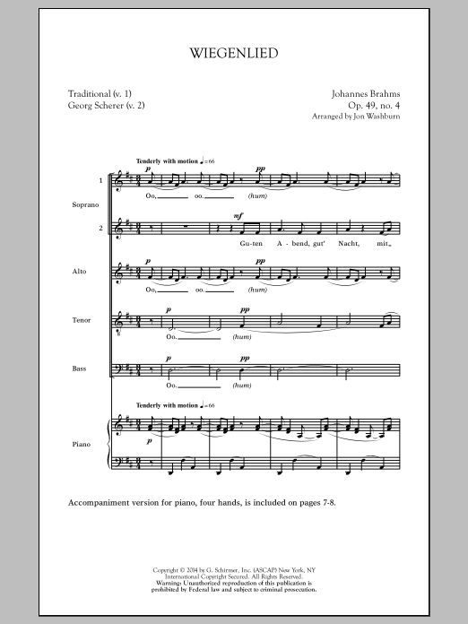 Johannes Brahms Wiegenlied (arr. Jon Washburn) sheet music notes and chords. Download Printable PDF.