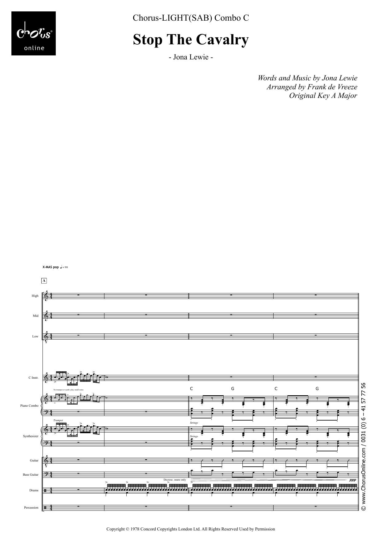 Jona lewie stop the cavalry arr frank de vreeze sheet music chords