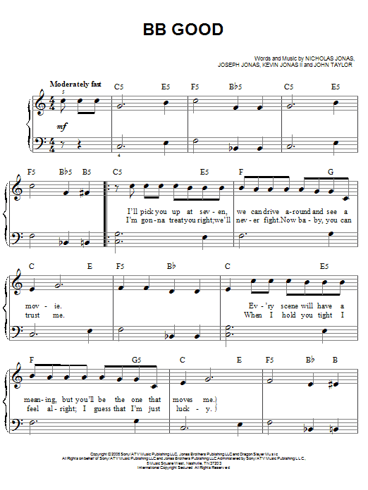 Learn to play Jonas Brothers BB Good sheet music for Easy Piano in minutes. Price: 6.9900$ Jonas Brothers BB Good sheet music notes and chords arranged for Easy Piano