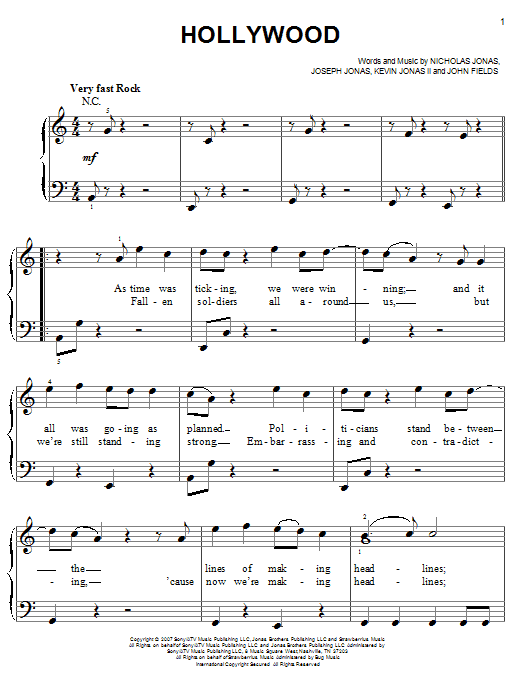 Learn to play Jonas Brothers Hollywood sheet music for Easy Piano in minutes. Price: 6.9900$ Jonas Brothers Hollywood sheet music notes and chords arranged for Easy Piano