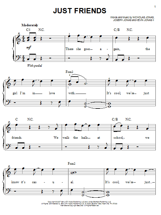 Learn to play Jonas Brothers Just Friends sheet music for Easy Piano in minutes. Price: 6.9900$ Jonas Brothers Just Friends sheet music notes and chords arranged for Easy Piano