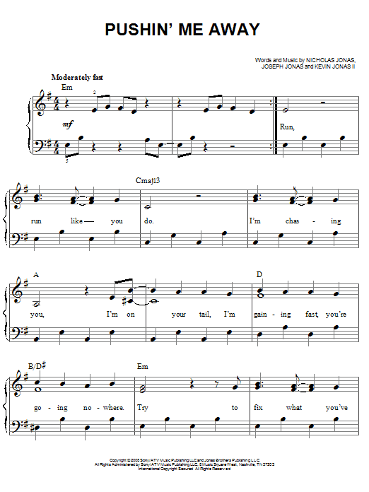 Jonas Brothers Pushin' Me Away sheet music notes and chords. Download Printable PDF.