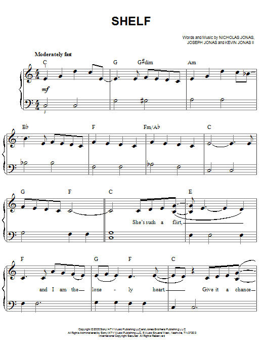 Learn to play Jonas Brothers Shelf sheet music for Easy Piano in minutes. Price: 6.9900$ Jonas Brothers Shelf sheet music notes and chords arranged for Easy Piano