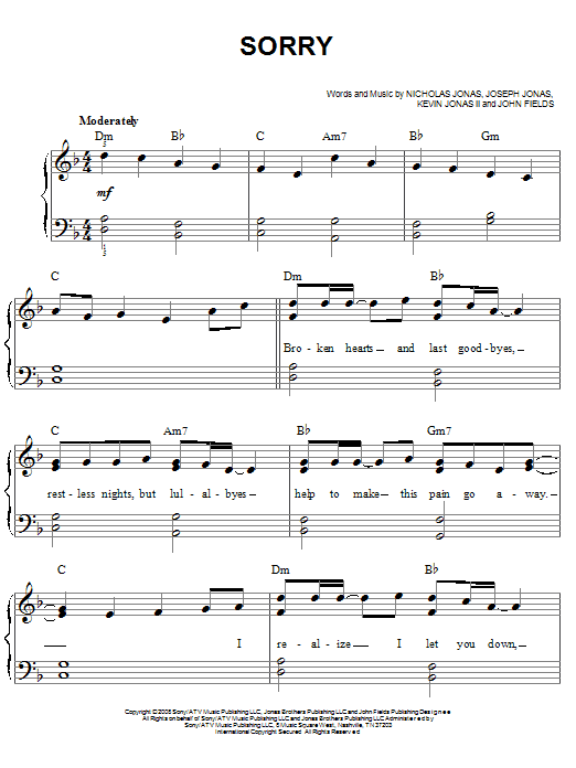 Jonas Brothers Sorry sheet music notes and chords arranged for Easy Piano