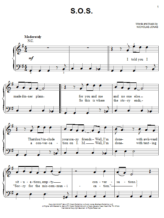 Learn to play Jonas Brothers S.O.S. sheet music for Easy Piano in minutes. Price: 6.9900$ Jonas Brothers S.O.S. sheet music notes and chords arranged for Easy Piano