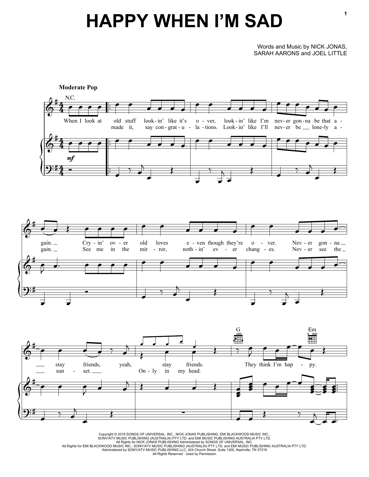 Learn to play Jonas Brothers Happy When I'm Sad sheet music for Piano, Vocal & Guitar Chords (Right-Hand Melody) in minutes. Price: 7.8900$ Jonas Brothers Happy When I'm Sad sheet music notes and chords arranged for Piano, Vocal & Guitar Chords (Right-Hand Melody)