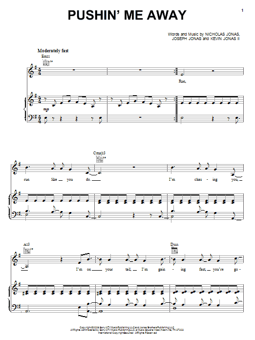 Jonas Brothers Pushin' Me Away sheet music notes and chords. Download Printable PDF.