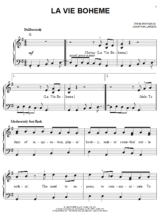 Learn to play Jonathan Larson La Vie Boheme sheet music for Easy Piano in minutes. Price: 6.9900$ Jonathan Larson La Vie Boheme sheet music notes and chords arranged for Easy Piano