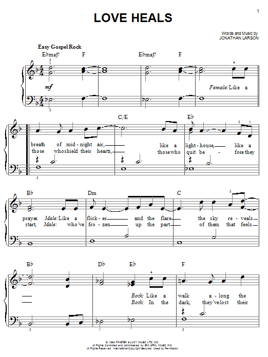 Jonathan Larson Love Heals sheet music notes and chords. Download Printable PDF.