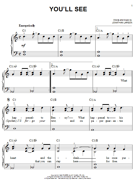 Learn to play Jonathan Larson You'll See sheet music for Easy Piano in minutes. Price: 6.9900$ Jonathan Larson You'll See sheet music notes and chords arranged for Easy Piano