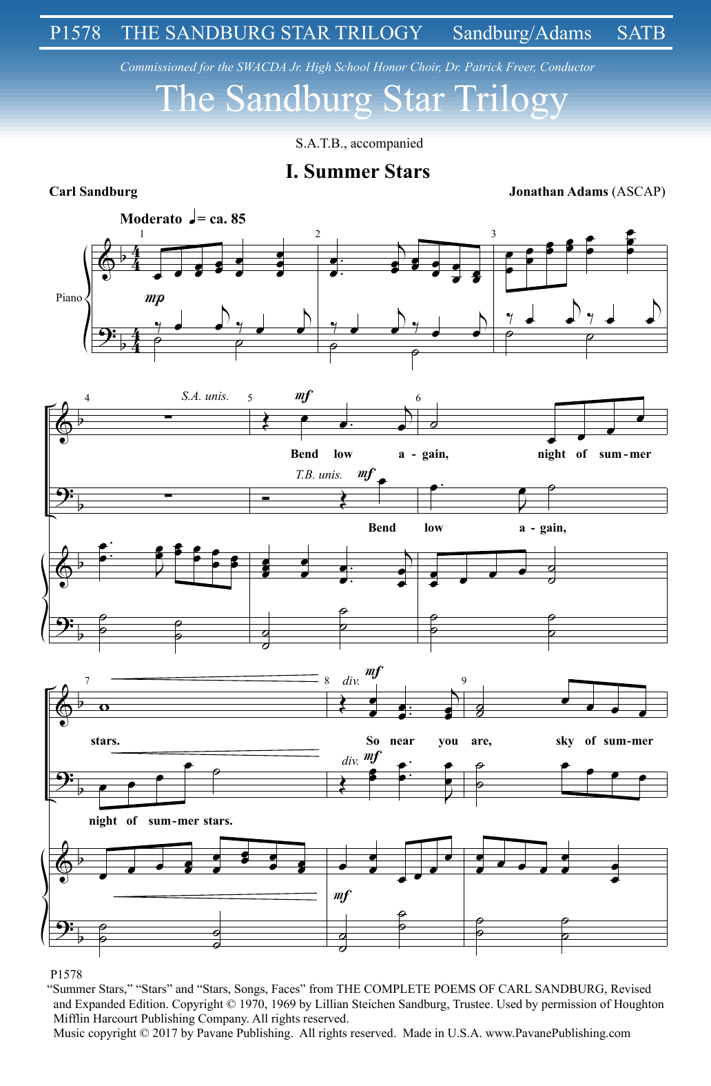 Learn to play Jonathan Adams The Sandburg Star Trilogy sheet music for SATB Choir in minutes. Price: 4.7900$ Jonathan Adams The Sandburg Star Trilogy sheet music notes and chords arranged for SATB Choir