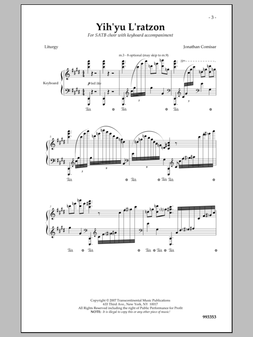 Learn to play Jonathan Comisar Yih'yu L'ratzon sheet music for SATB Choir in minutes. Price: 3.9900$ Jonathan Comisar Yih'yu L'ratzon sheet music notes and chords arranged for SATB Choir